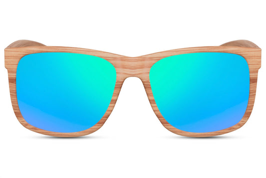 A pair of square-shaped sunglasses with a mirrored blue lens and a brown frame.