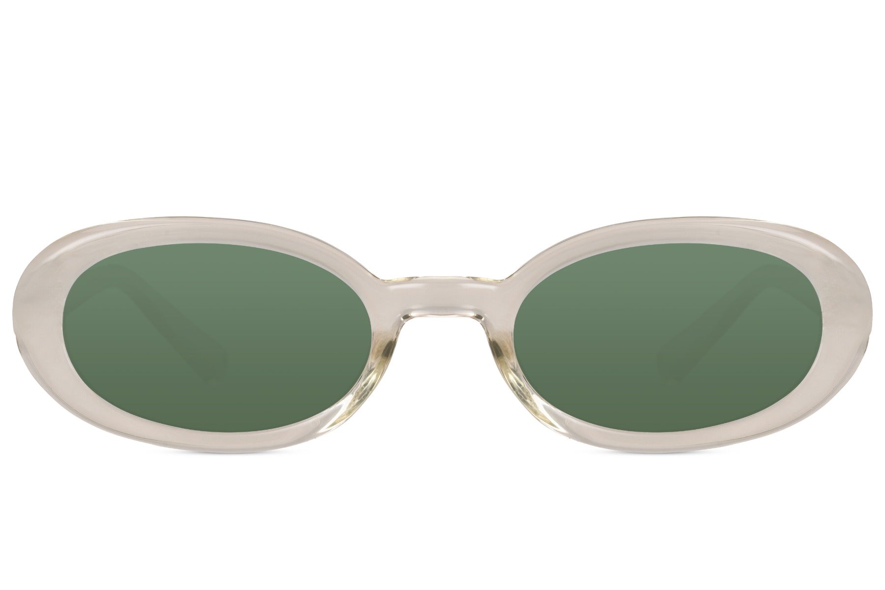 Eco trending sleek oval sunglasses for men and women with cream off-white recycled polyester frame and dark green lens – sustainable street style retro shades for everyday wear and festivals, free delivery across UK and Europe from Sunglass Station