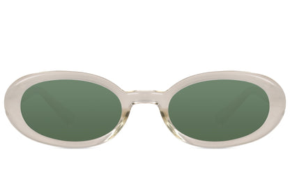 Eco trending sleek oval sunglasses for men and women with cream off-white recycled polyester frame and dark green lens – sustainable street style retro shades for everyday wear and festivals, free delivery across UK and Europe from Sunglass Station