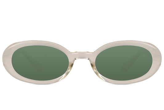 Eco trending sleek oval sunglasses for men and women with cream off-white recycled polyester frame and dark green lens – sustainable street style retro shades for everyday wear and festivals, free delivery across UK and Europe from Sunglass Station