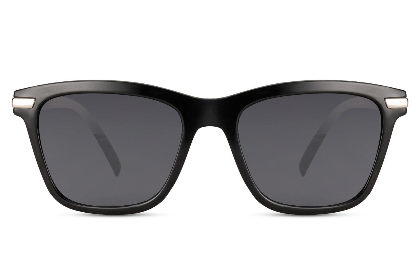 A pair of black sunglasses with a full plastic frame and dark lenses.
