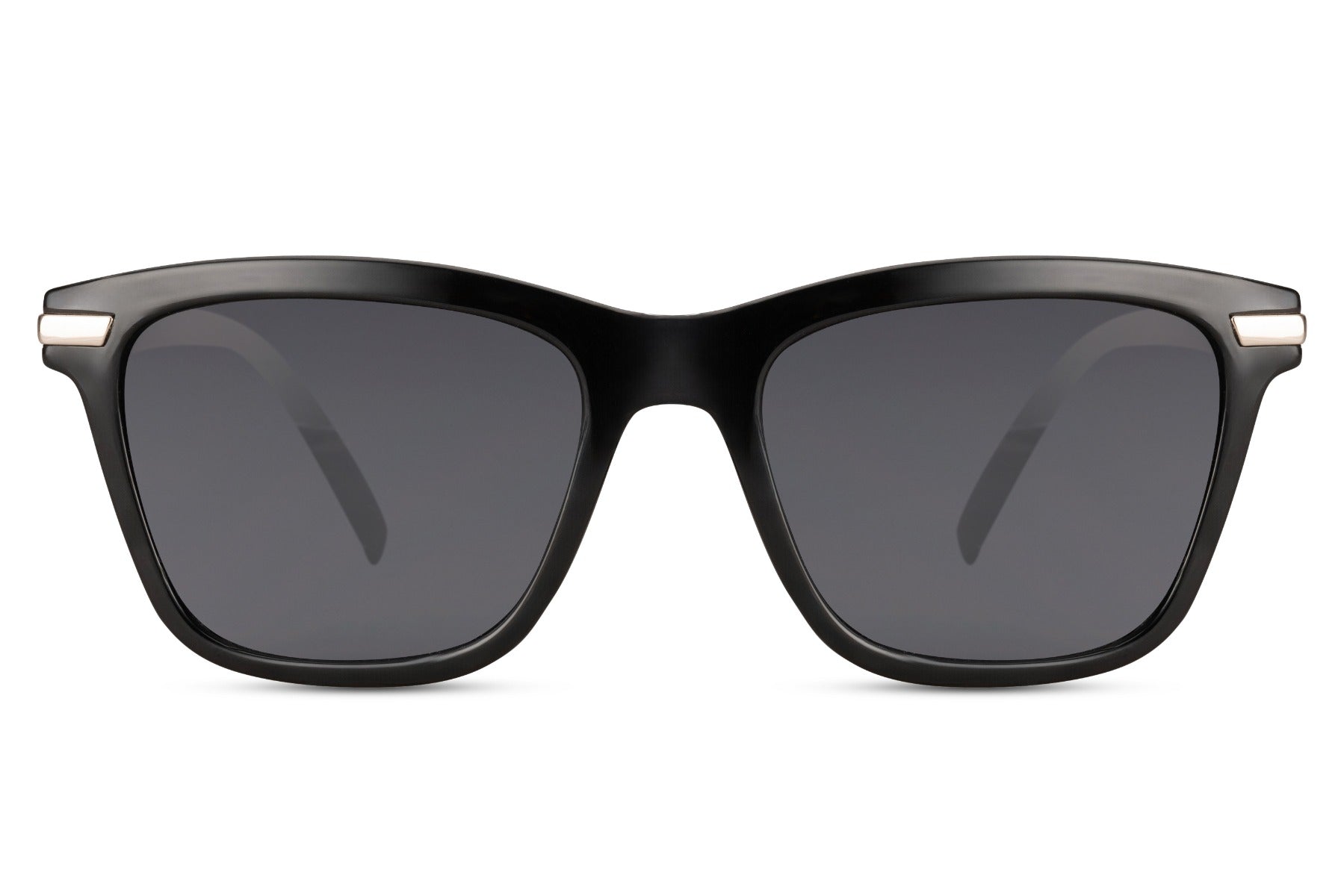 A pair of black sunglasses with a full plastic frame and dark lenses.