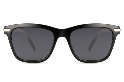 A pair of black sunglasses with a full plastic frame and dark lenses.
