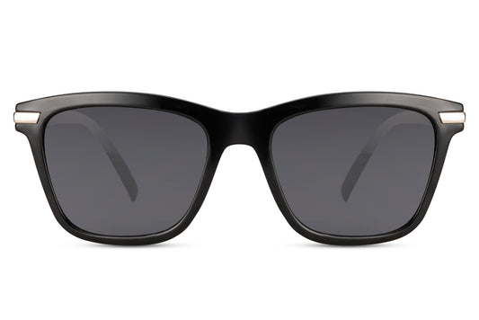 A pair of black sunglasses with a full plastic frame and dark lenses.