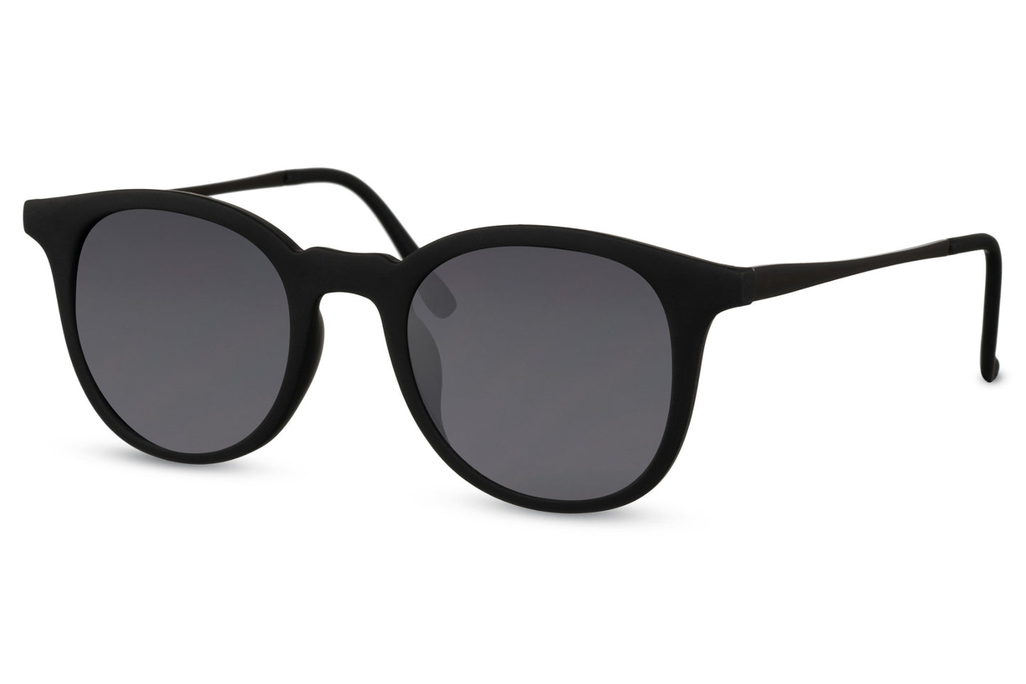 Essential black round sunglasses black slim metal frame temple detail smoke lens UV400 protection men women lightweight durable sophisticated everyday city summer driving beach free UK Europe shipping Sunglass Station