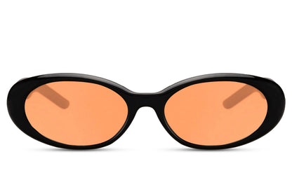 Europe oval eco sunglasses with black recycled polyester frame and orange coral UV protection lens – bold retro Y2K round shades for festivals and going out, free delivery across UK and Europe from Sunglass Station