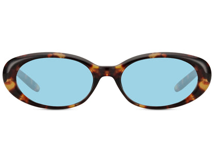 Europe oval eco sunglasses with brown tortoiseshell recycled polyester frame and blue lens UV protection lens – vintage-inspired animal print retro shades for city wear and summer holidays, Sunglass Station free UK and Europe shipping

