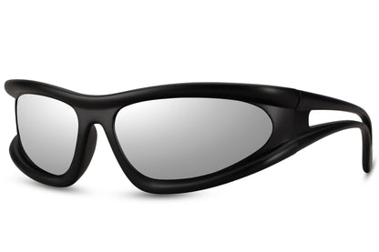 Black wraparound flux frame party sunglasses — bold streetwear and rave eyewear for men and women | Sunglass Station