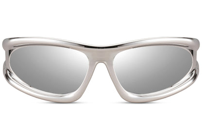 Chrome silver flux frame party sunglasses — futuristic Y2K festival eyewear for men and women | Sunglass Station, ships to UK, France, Italy & Europe