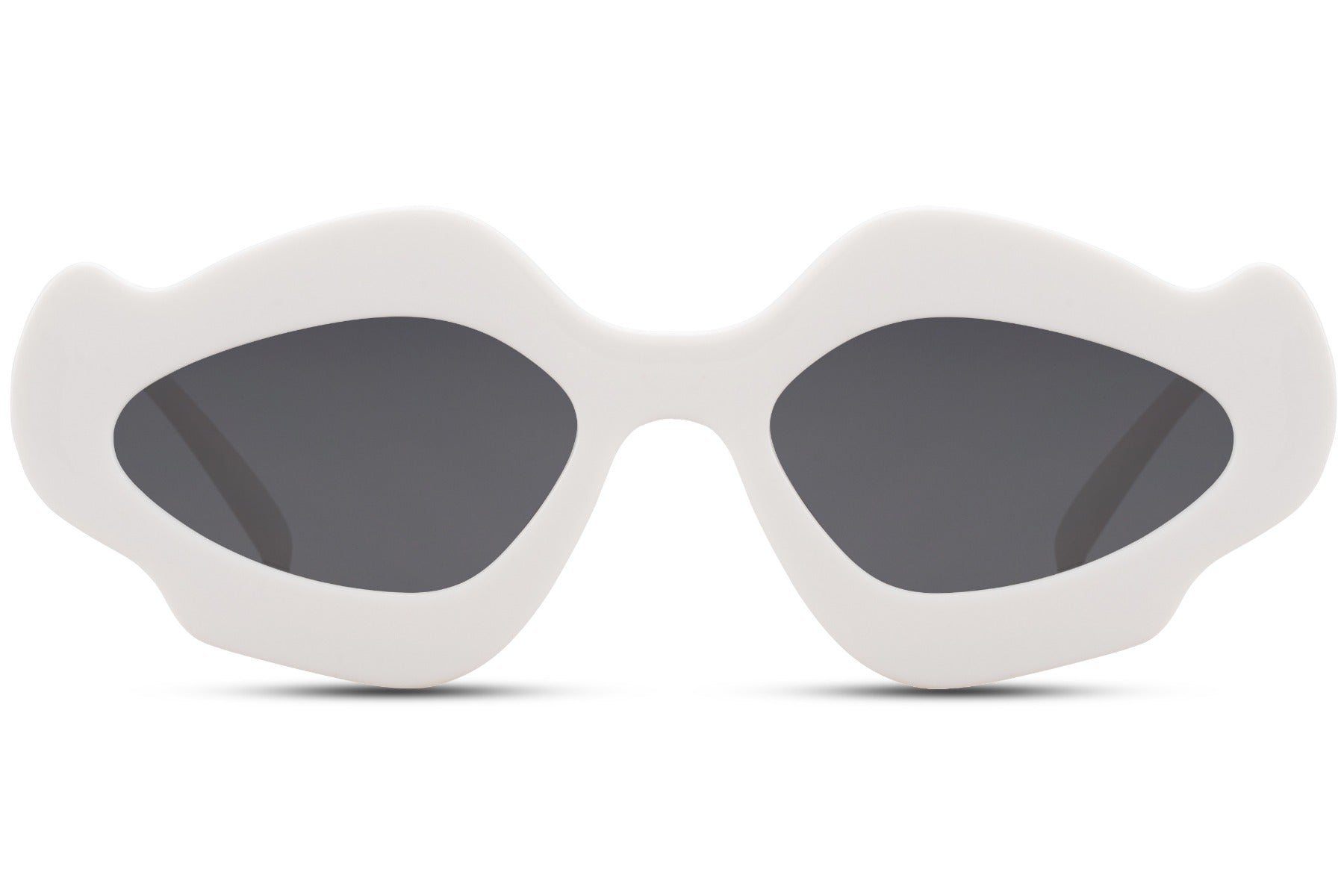 Side profile of white organic chunky party sunglasses — 15cm frame width with 5.5cm height, generous coverage in a sculptural cat-eye silhouette, bridal party and hen do ready | Sunglass Station free delivery