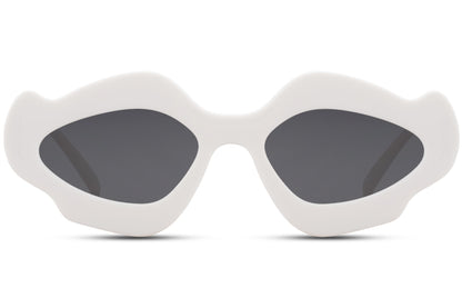 Side profile of white organic chunky party sunglasses — 15cm frame width with 5.5cm height, generous coverage in a sculptural cat-eye silhouette, bridal party and hen do ready | Sunglass Station free delivery