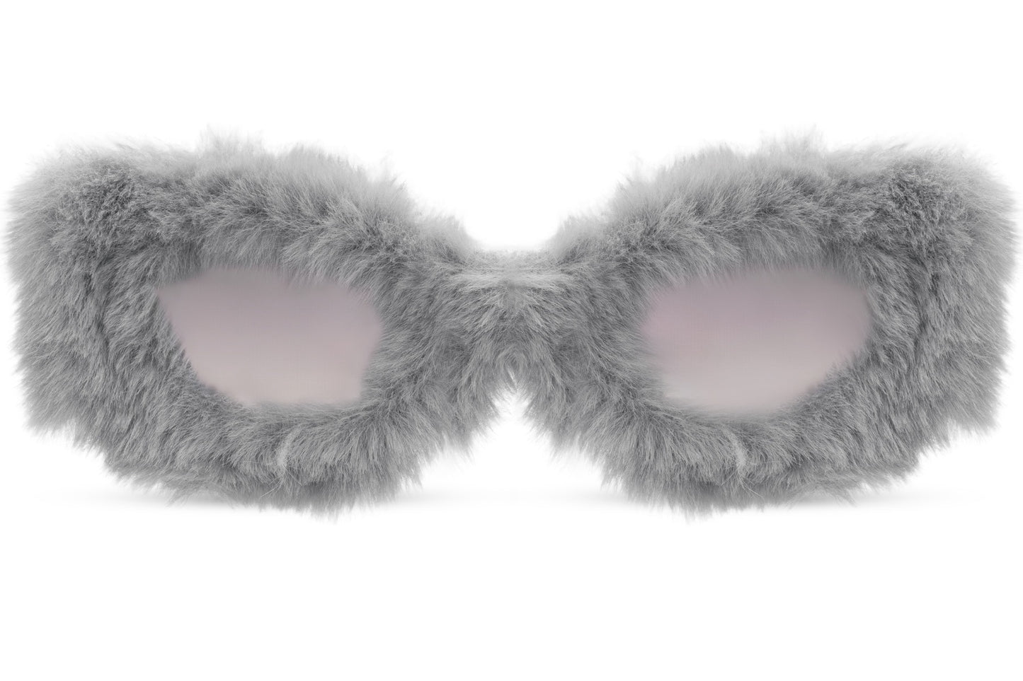 Grey silver furry frame cat-eye party sunglasses — cool-toned faux fur statement eyewear, the texture-led accessory defining bold European party dressing in 2026
