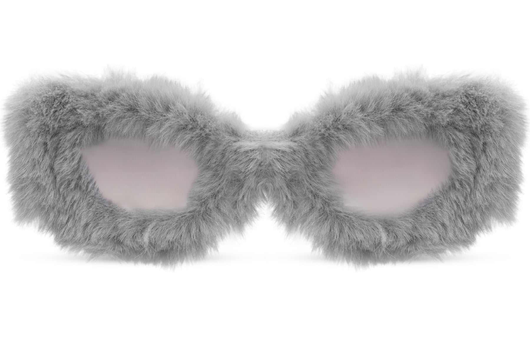 Grey silver furry frame cat-eye party sunglasses — cool-toned faux fur statement eyewear, the texture-led accessory defining bold European party dressing in 2026