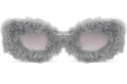 Grey silver furry frame cat-eye party sunglasses — cool-toned faux fur statement eyewear, the texture-led accessory defining bold European party dressing in 2026
