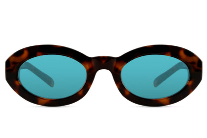 Geometric bold oval sunglasses for women with tortoiseshell recycled polyester frame and teal turquoise polycarbonate lens – statement retro round shades for festivals and going out, free delivery across UK and Europe from Sunglass Station