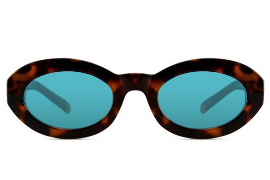 Geometric bold oval sunglasses for women with tortoiseshell recycled polyester frame and teal turquoise polycarbonate lens – statement retro round shades for festivals and going out, free delivery across UK and Europe from Sunglass Station