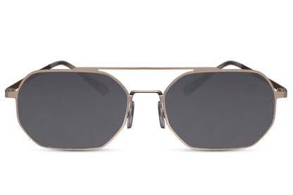black geometric frame sunglasses with black lens