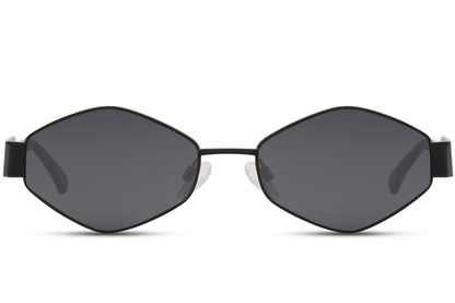 Black stainless steel geometric party sunglasses with slim oval frame — jewellery-grade metal construction with 100% recycled lens, the quietly luxurious silhouette for women who treat eyewear as fine accessory, UV400
