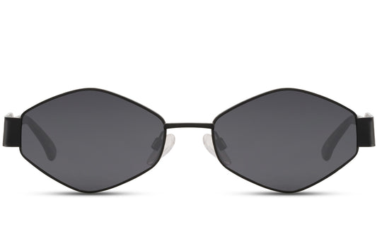 Black stainless steel geometric party sunglasses with slim oval frame — jewellery-grade metal construction with 100% recycled lens, the quietly luxurious silhouette for women who treat eyewear as fine accessory, UV400