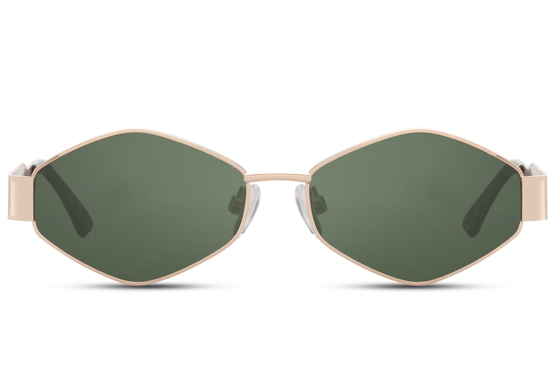 Gold stainless steel geometric party sunglasses with green recycled lens — warm metal with earthy chromatic lens, the colourway that reads Italian countryside weekend and Copenhagen gallery opening simultaneously, free delivery UK & Europe