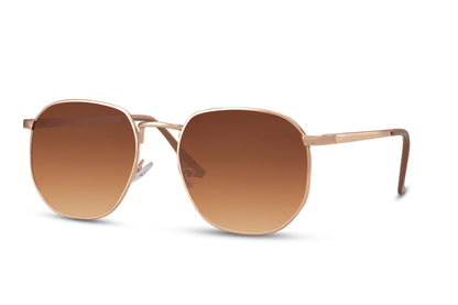 Geometric metal frame round sunglasses gold stainless steel slim frame warm brown amber recycled lens lightweight UV400 protection men women sustainable durable comfortable all-day summer city outdoor free UK Europe delivery Sunglass Station
