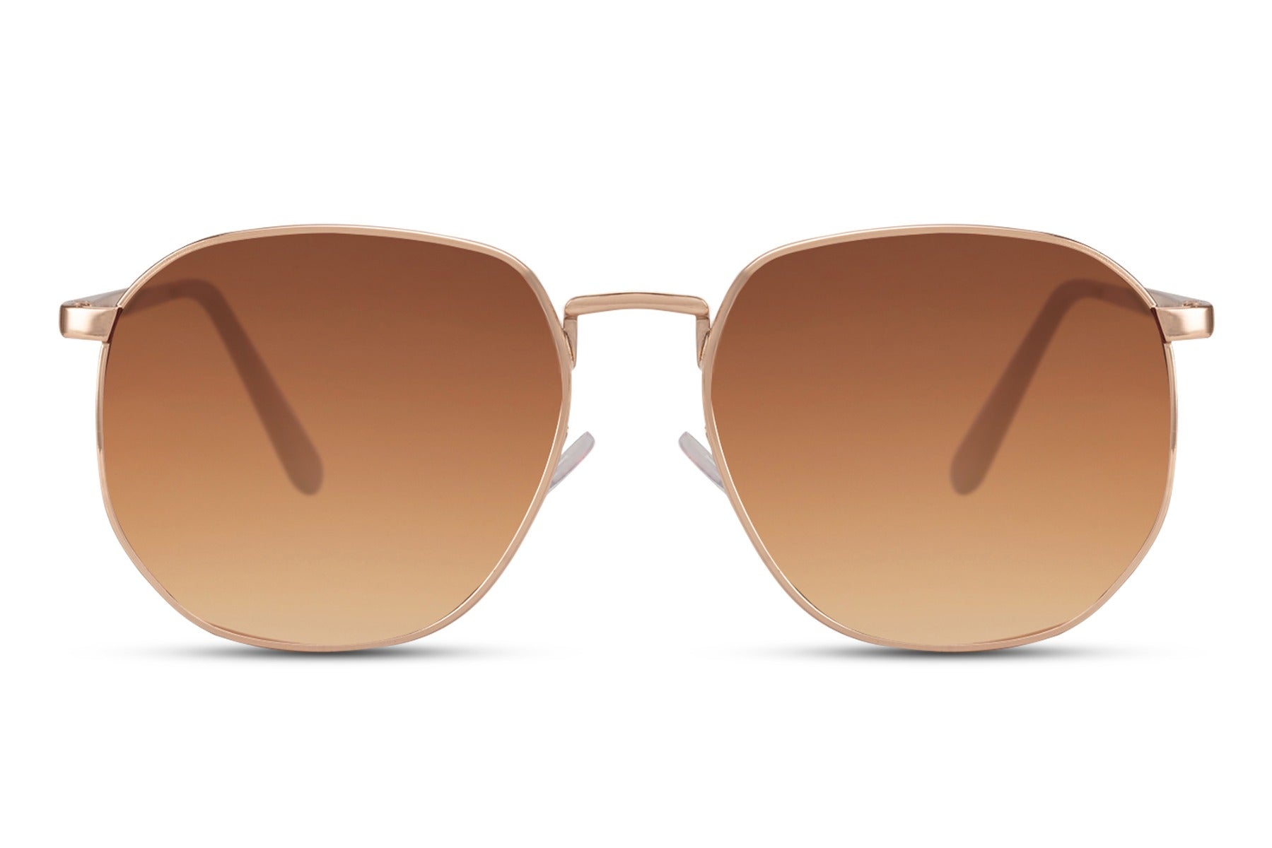 Geometric metal frame round sunglasses gold stainless steel frame warm brown amber 100% recycled lens UV400 protection men women sustainable elegant retro summer city holiday brunch free UK Europe shipping Sunglass Station