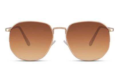 Geometric metal frame round sunglasses gold stainless steel frame warm brown amber 100% recycled lens UV400 protection men women sustainable elegant retro summer city holiday brunch free UK Europe shipping Sunglass Station