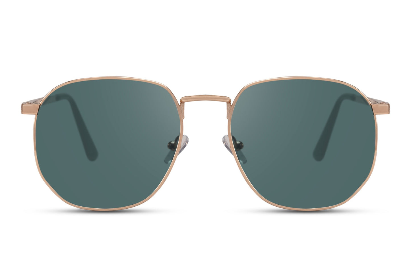 Geometric metal frame round sunglasses gold stainless steel frame green teal 100% recycled lens UV400 protection men women sustainable eco-friendly retro summer city beach holiday free UK Europe delivery Sunglass Station
