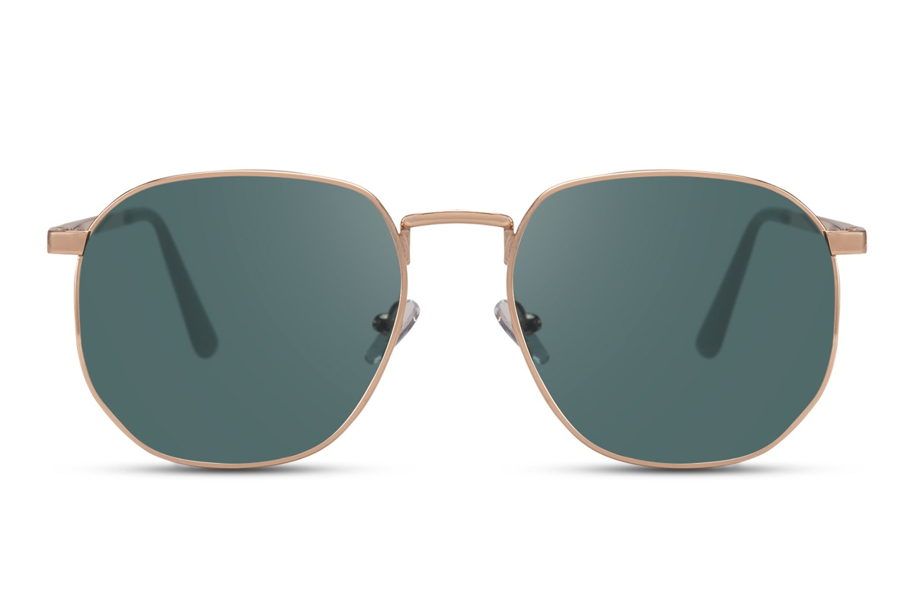 Geometric metal frame round sunglasses gold stainless steel frame green teal 100% recycled lens UV400 protection men women sustainable eco-friendly retro summer city beach holiday free UK Europe delivery Sunglass Station