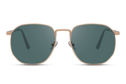Geometric metal frame round sunglasses gold stainless steel frame green teal 100% recycled lens UV400 protection men women sustainable eco-friendly retro summer city beach holiday free UK Europe delivery Sunglass Station