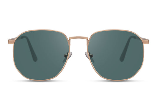 Geometric metal frame round sunglasses gold stainless steel frame green teal 100% recycled lens UV400 protection men women sustainable eco-friendly retro summer city beach holiday free UK Europe delivery Sunglass Station