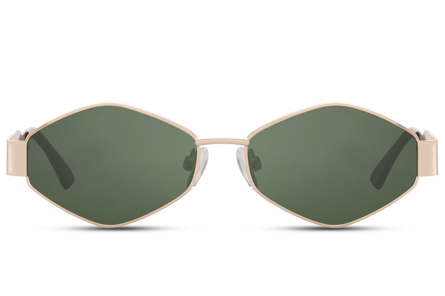 gold frame geometric metal party sunglasses with green lens — slim stainless steel oval in warm gold, the Mediterranean colourway for women who dress like every destination is a mood board, UV400 recycled lens