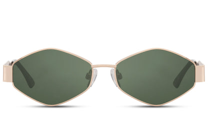 gold geometric metal party sunglasses with green tinted recycled lens — precision stainless steel construction at 14cm width and 4cm slim height, quiet luxury eyewear for women who know the difference | Sunglass Station