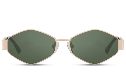 gold geometric metal party sunglasses with green tinted recycled lens — precision stainless steel construction at 14cm width and 4cm slim height, quiet luxury eyewear for women who know the difference | Sunglass Station