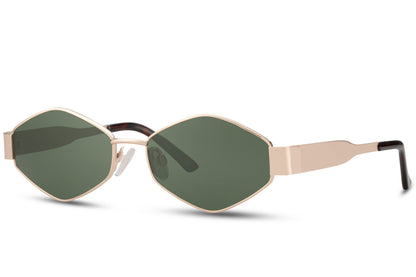 gold stainless steel geometric party sunglasses — ultra-slim 4cm lens height showing refined metal temple construction, jewellery-grade eyewear in recycled lens, free delivery across UK & Europe