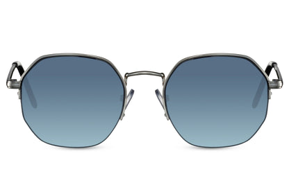 Geometric metal round sunglasses gold metal frame blue mirror lens 100% UV400 protection men women bold glamorous angular retro summer festival beach city eyewear free UK Europe delivery Sunglass Station