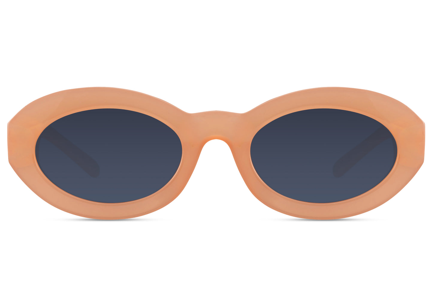 Geometric oval sunglasses for women with nude peach recycled polyester frame and navy blue polycarbonate lens – bold colour-block retro shades for festivals and going out, free delivery across UK and Europe from Sunglass Station