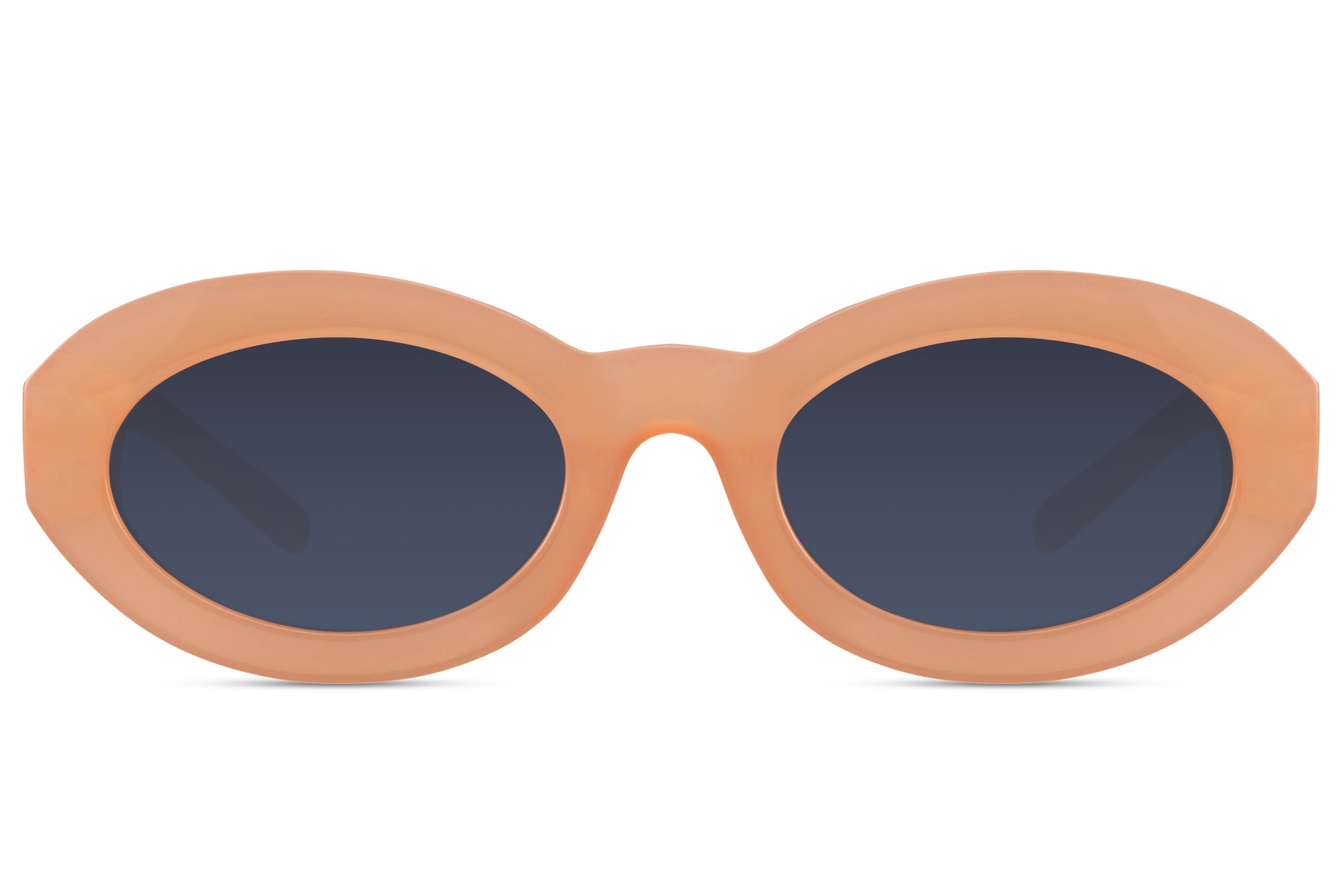 Geometric oval sunglasses for women with nude peach recycled polyester frame and navy blue polycarbonate lens – bold colour-block retro shades for festivals and going out, free delivery across UK and Europe from Sunglass Station