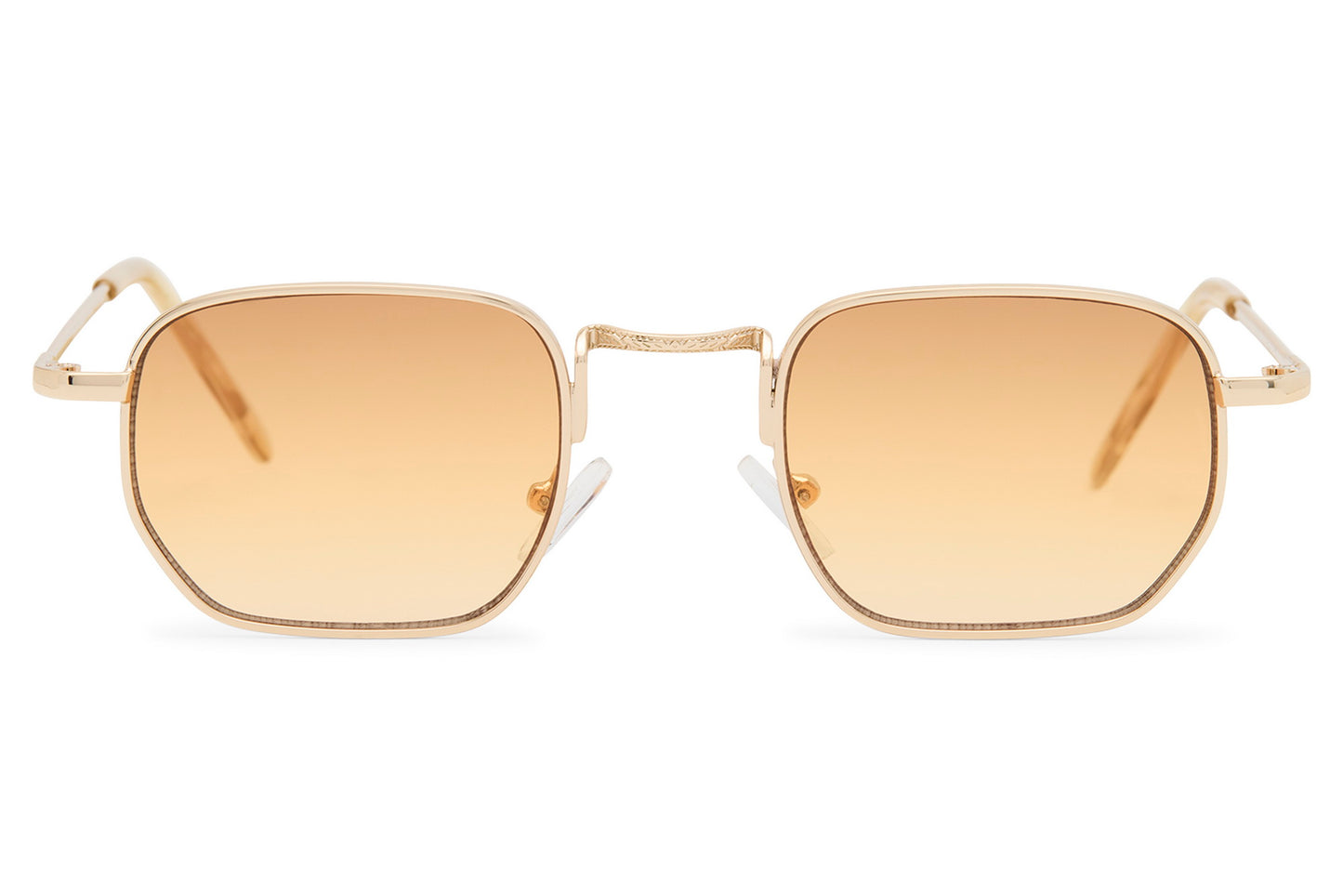 Geometric rectangle tinted sunglasses for men with gold copper metal frame and amber peach translucent recycled lens – sleek retro geometric rectangle shades for smart casual wear and summer holidays, Sunglass Station free UK and Europe shipping