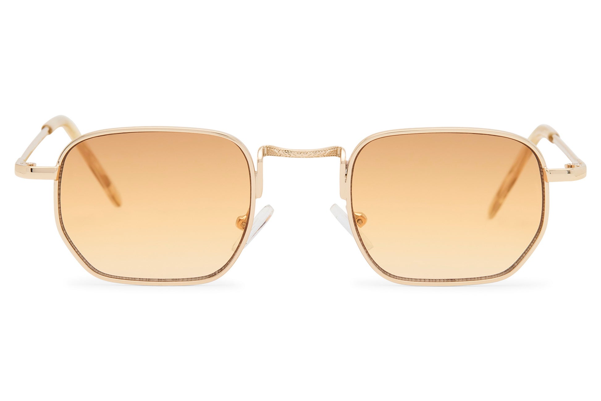 Geometric rectangle tinted sunglasses for men with gold copper metal frame and amber peach translucent recycled lens – sleek retro geometric rectangle shades for smart casual wear and summer holidays, Sunglass Station free UK and Europe shipping