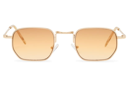 Geometric rectangle tinted sunglasses for men with gold copper metal frame and amber peach translucent recycled lens – sleek retro geometric rectangle shades for smart casual wear and summer holidays, Sunglass Station free UK and Europe shipping