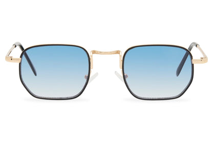 Geometric rectangle tinted sunglasses for men with gold copper metal frame and ice blue translucent recycled rPMMA lens – chic retro geometric rectangle shades for summer holidays and city wear, Sunglass Station free UK and Europe delivery