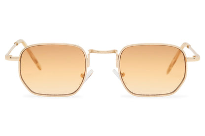 Geometric rectangle tinted sunglasses for men with gold copper metal frame and nude peach translucent recycled rPMMA lens – barely-there minimalist retro geometric shades for everyday city wear and travel, free delivery across UK and Europe from Sunglass Station