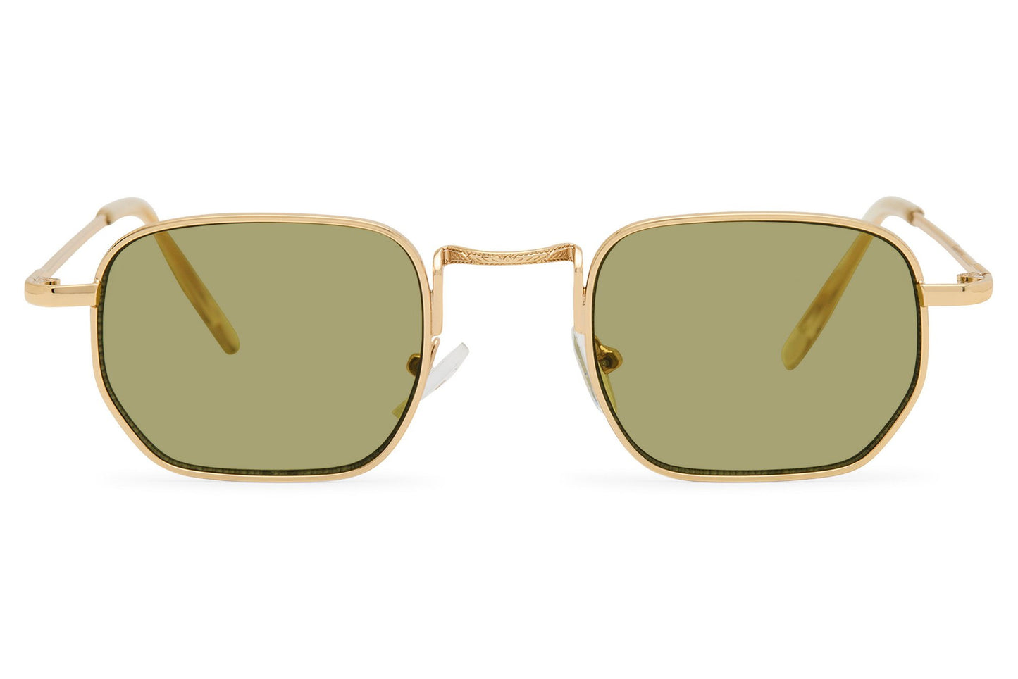 Geometric rectangle tinted sunglasses for men with gold copper metal frame and olive green translucent recycled rPMMA lens – vintage-inspired retro geometric rectangle shades for everyday wear and festivals, free delivery across UK and Europe from Sunglass Station