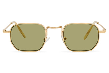 Geometric rectangle tinted sunglasses for men with gold copper metal frame and olive green translucent recycled rPMMA lens – vintage-inspired retro geometric rectangle shades for everyday wear and festivals, free delivery across UK and Europe from Sunglass Station