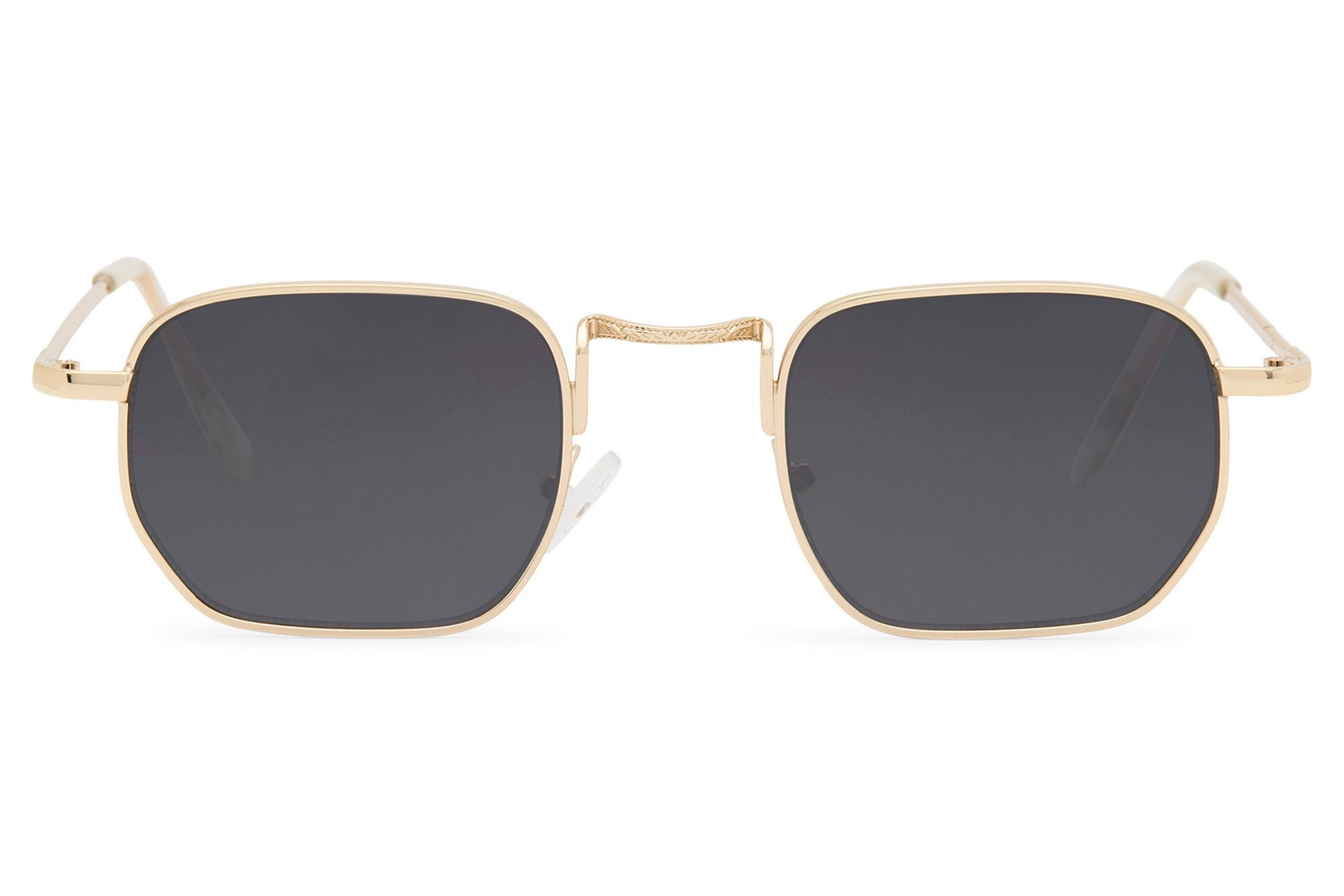 Geometric rectangle tinted sunglasses for men with gold copper metal frame and smoke grey translucent recycled rPMMA lens – sleek minimalist retro geometric rectangle shades for city wear and smart casual styling, Sunglass Station free UK and Europe shipping