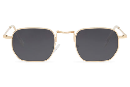 Geometric rectangle tinted sunglasses for men with gold copper metal frame and smoke grey translucent recycled rPMMA lens – sleek minimalist retro geometric rectangle shades for city wear and smart casual styling, Sunglass Station free UK and Europe shipping