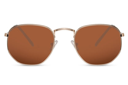 Spain geometric round sunglasses gunmetal frame warm brown tinted lens UV400 UVA UVB protection lightweight polycarbonate men women fashion-forward stylish getaway free UK Europe delivery Sunglass Station