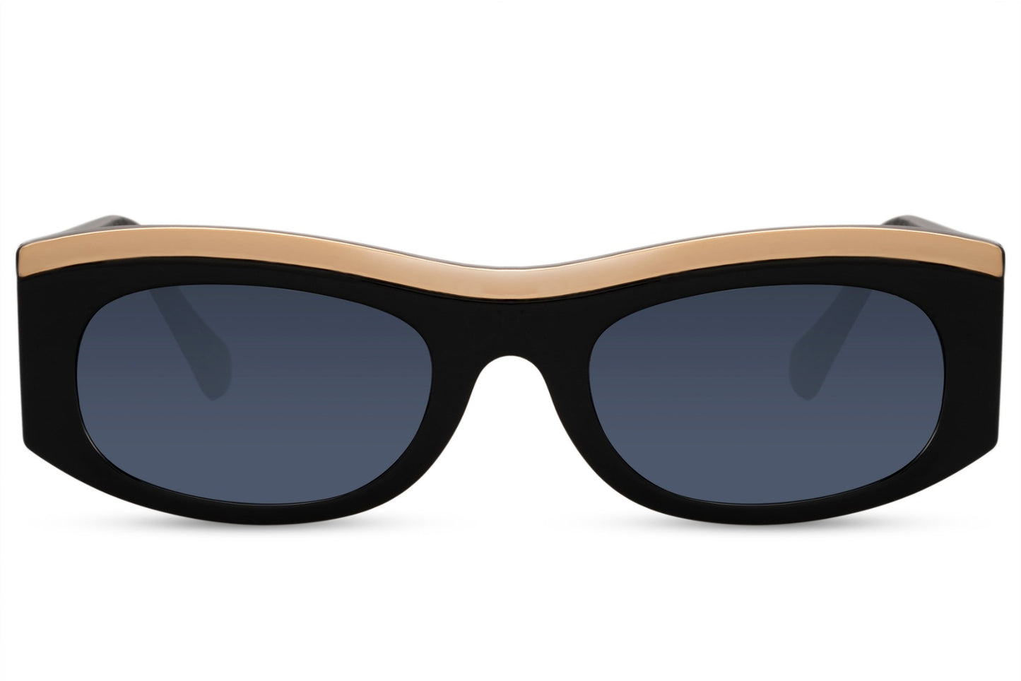 black and gold inner rim party sunglasses — 14.5cm wide parallel frame construction in recycled polyester showing full dual-tone gold detail, free delivery across UK & Europe, UV400
