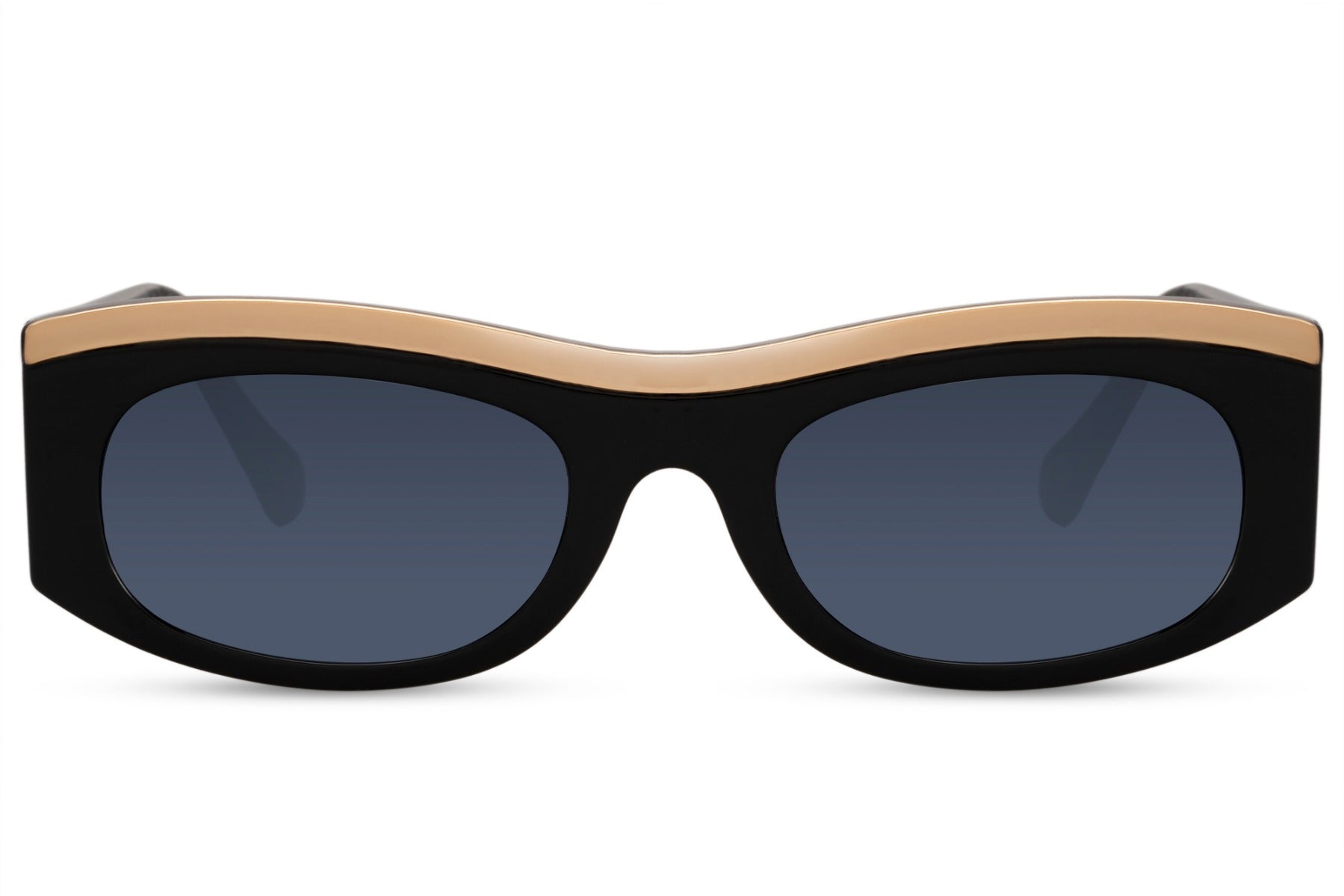 Close-up profile of black and gold parallel frame party sunglasses — dual-tone inner rim construction detail in 100% recycled polyester, the gold accent that elevates this frame above every single-tone alternative | Sunglass Station